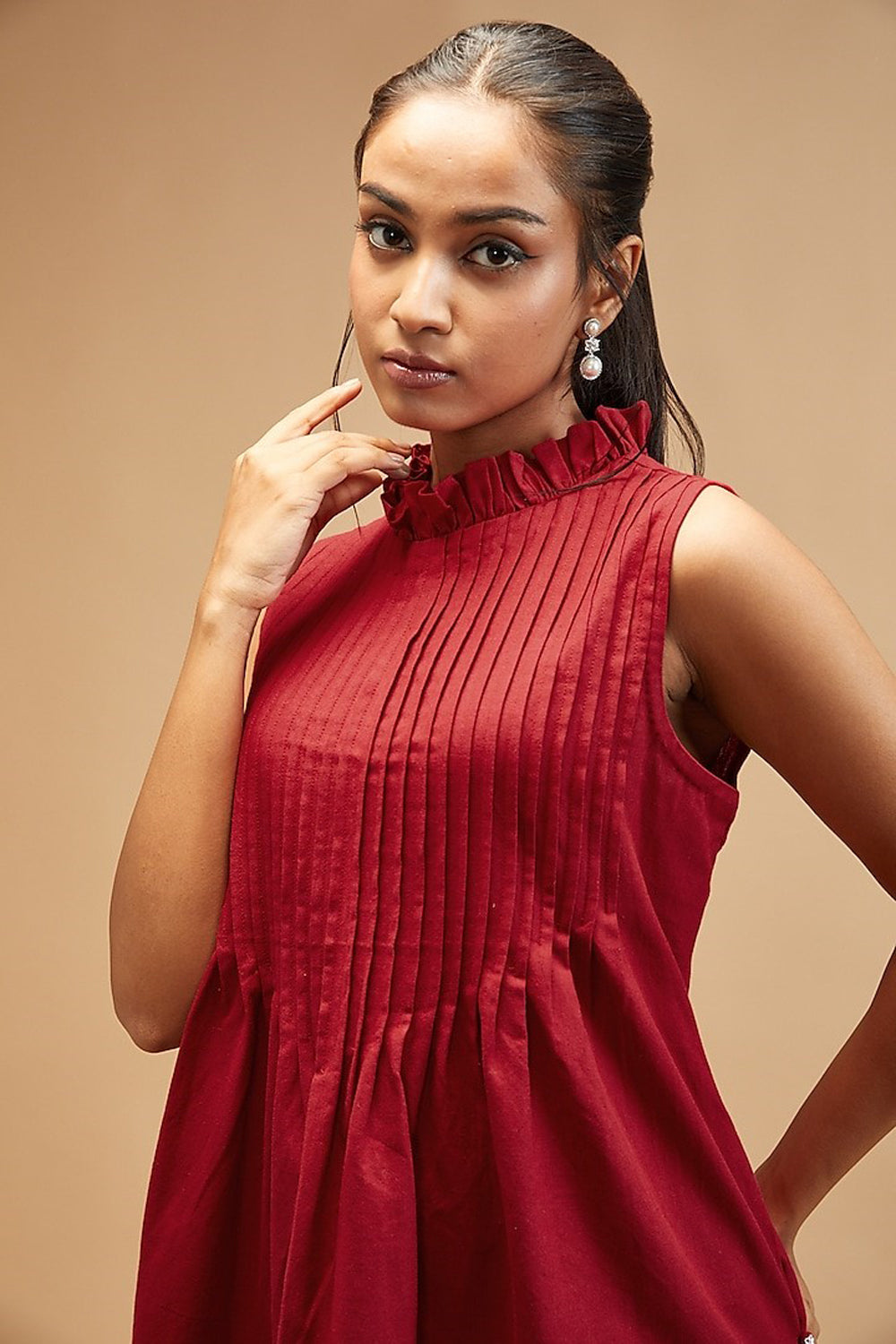 Red Handloom Cotton Solid Pleated Bodice Dress