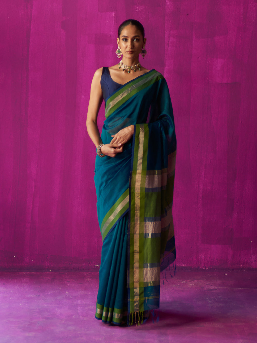 Teal Contrast Colour Blocking Saree