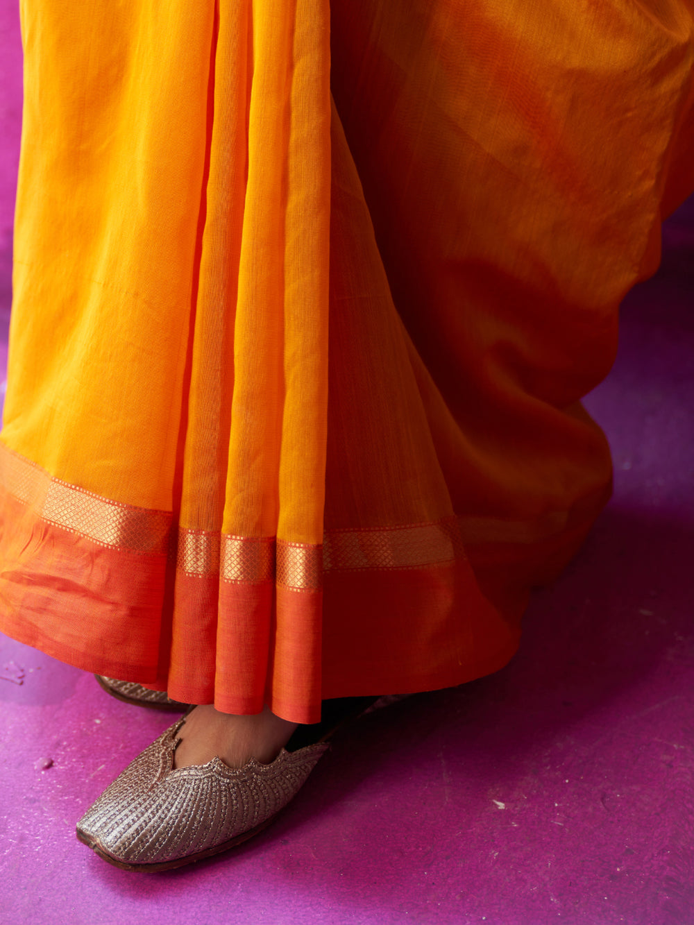 Orange Colour Block Pallu Saree