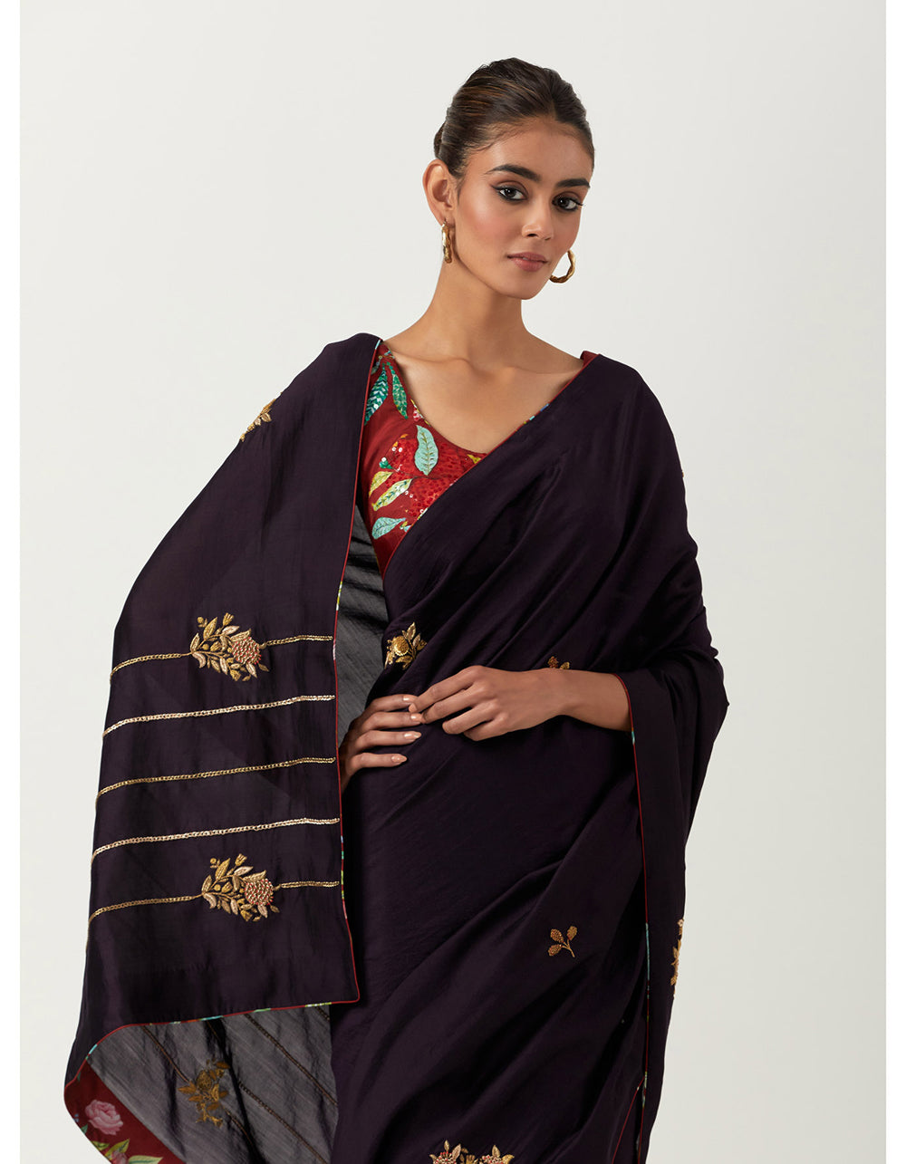 Embroidered Syahi Zardozi Anar Saree With Blouse