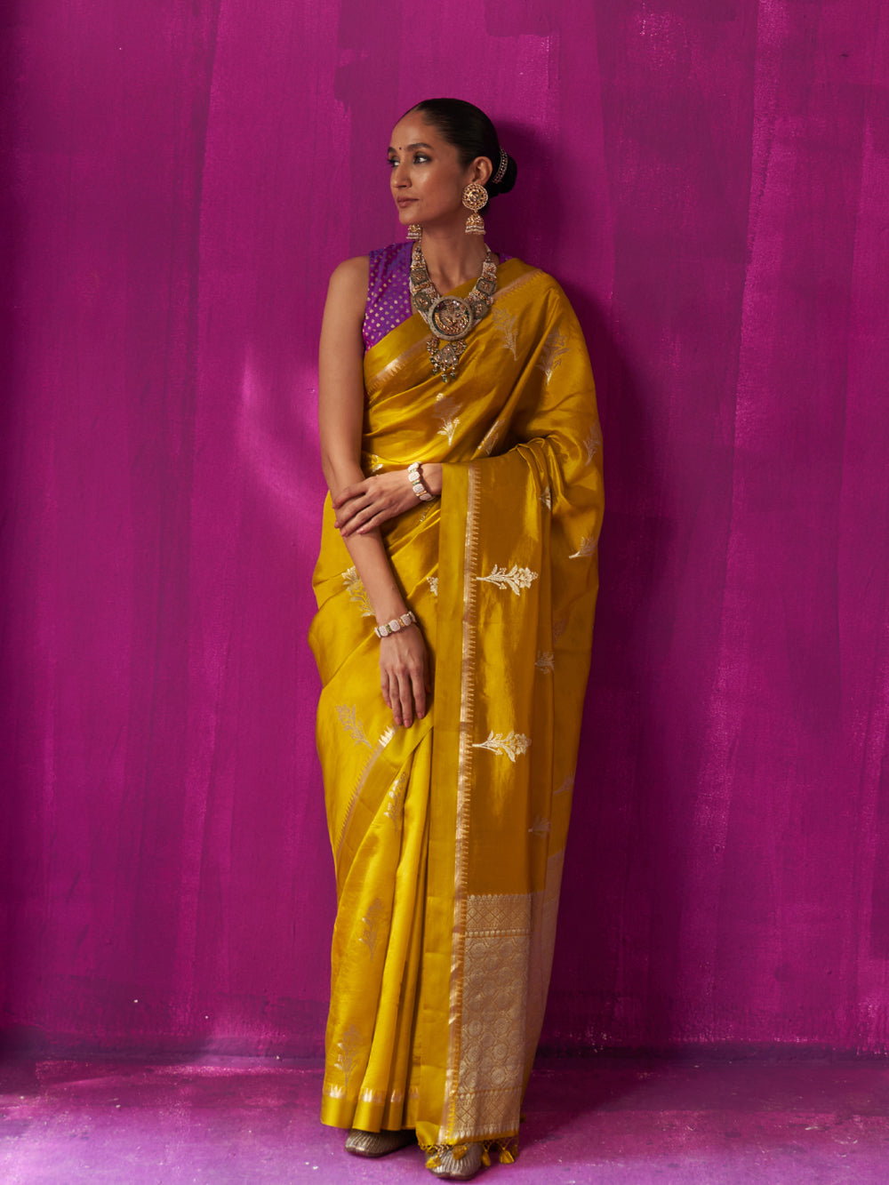 Mustard Floral Motif & Jaal Pallu Saree