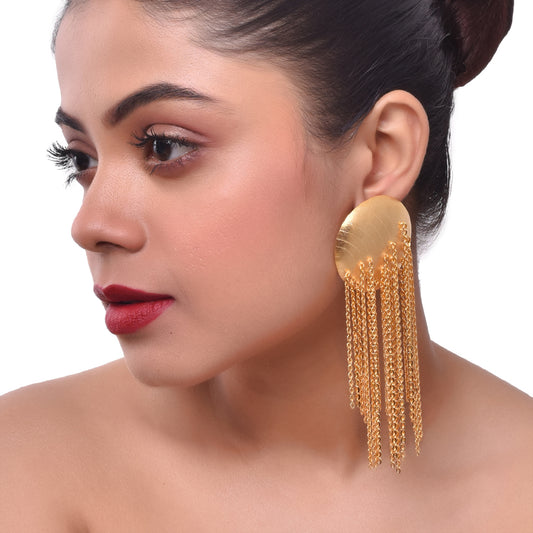 Gold Plated Chain Tassel Round Dangler Earrings