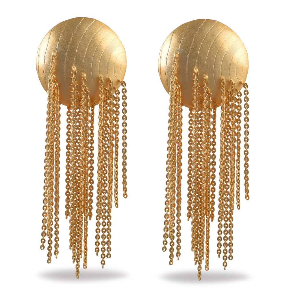 Gold Plated Chain Tassel Round Dangler Earrings