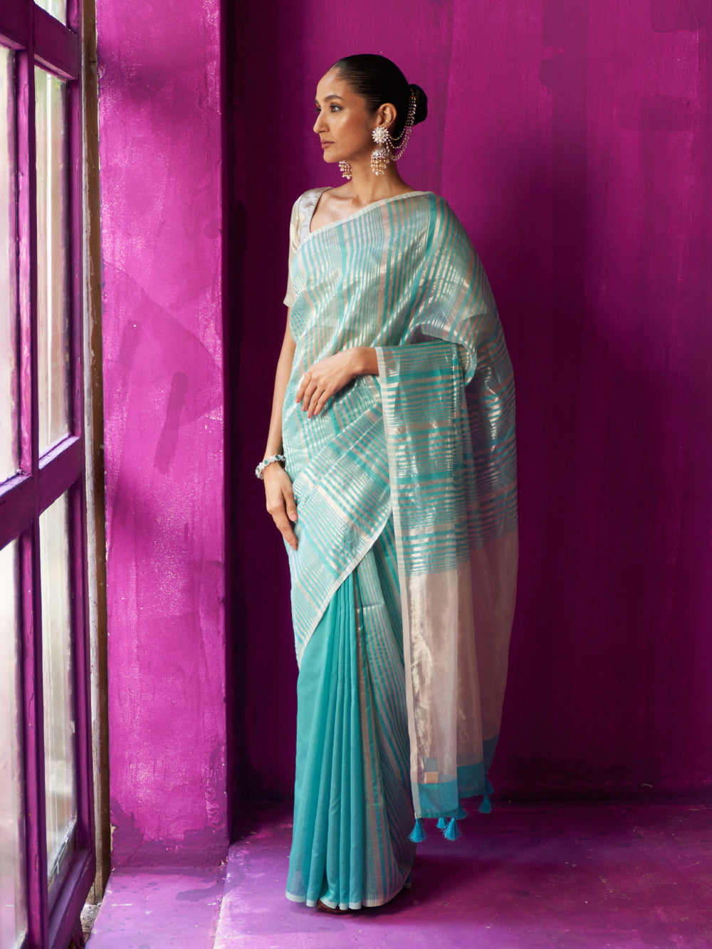 Turquoise Asymetric Silver Zari Stripe Saree