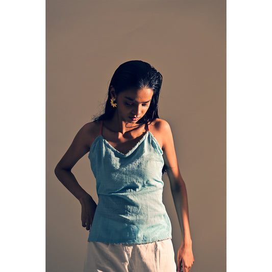 Sky Blue Cotton Gathered Strappy Top