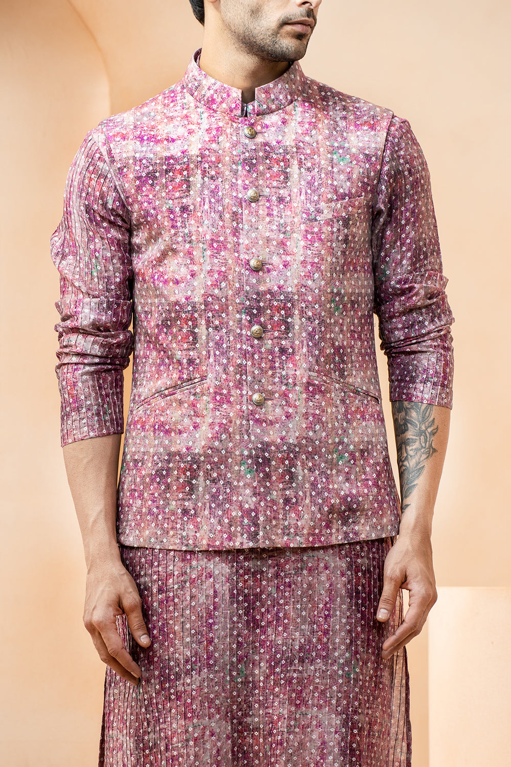 Purple Chanderi Bandhani Pattern Bundi Kurta Set For Men