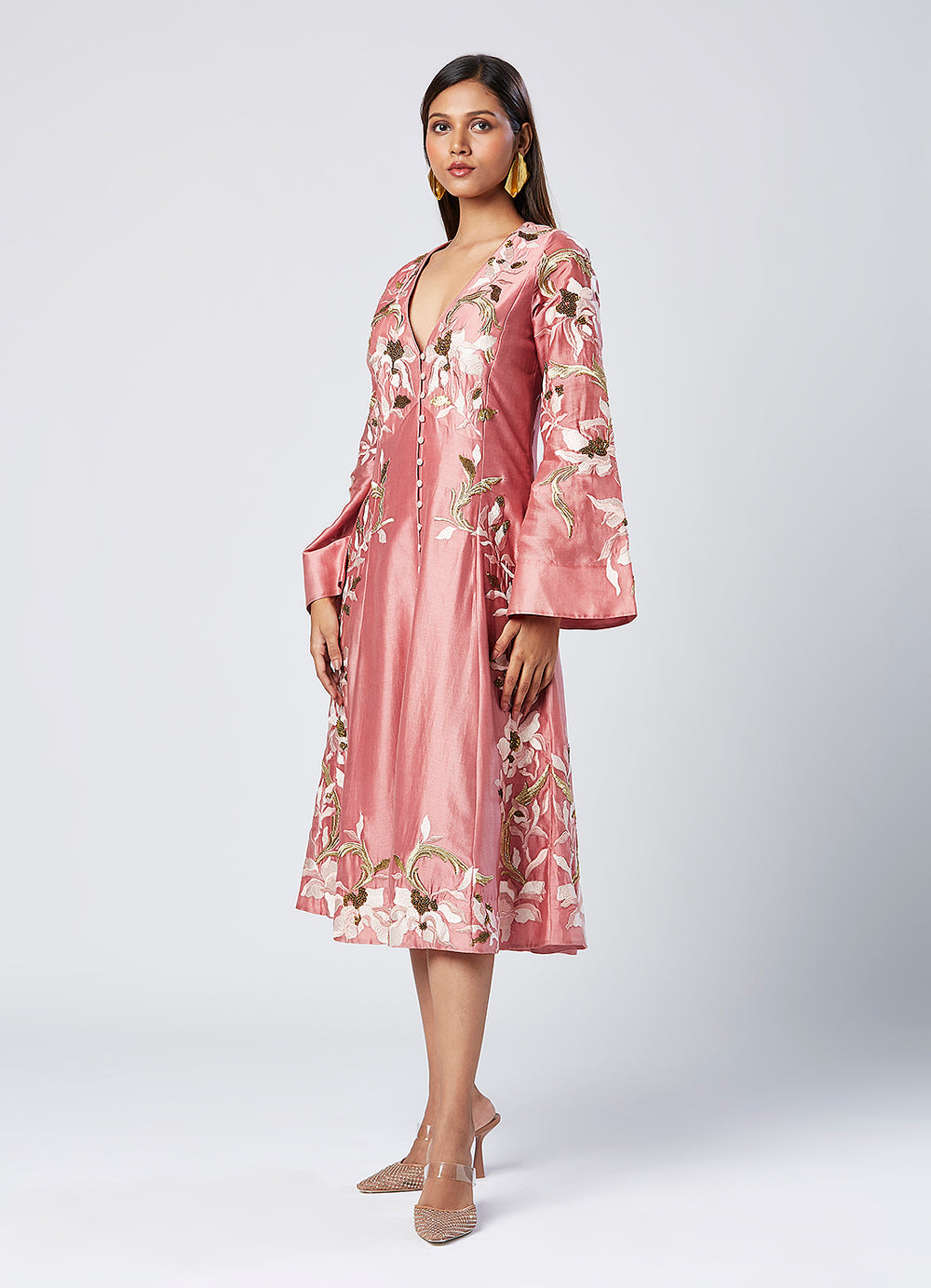 Embroidered Bell Sleeves Midi Dress