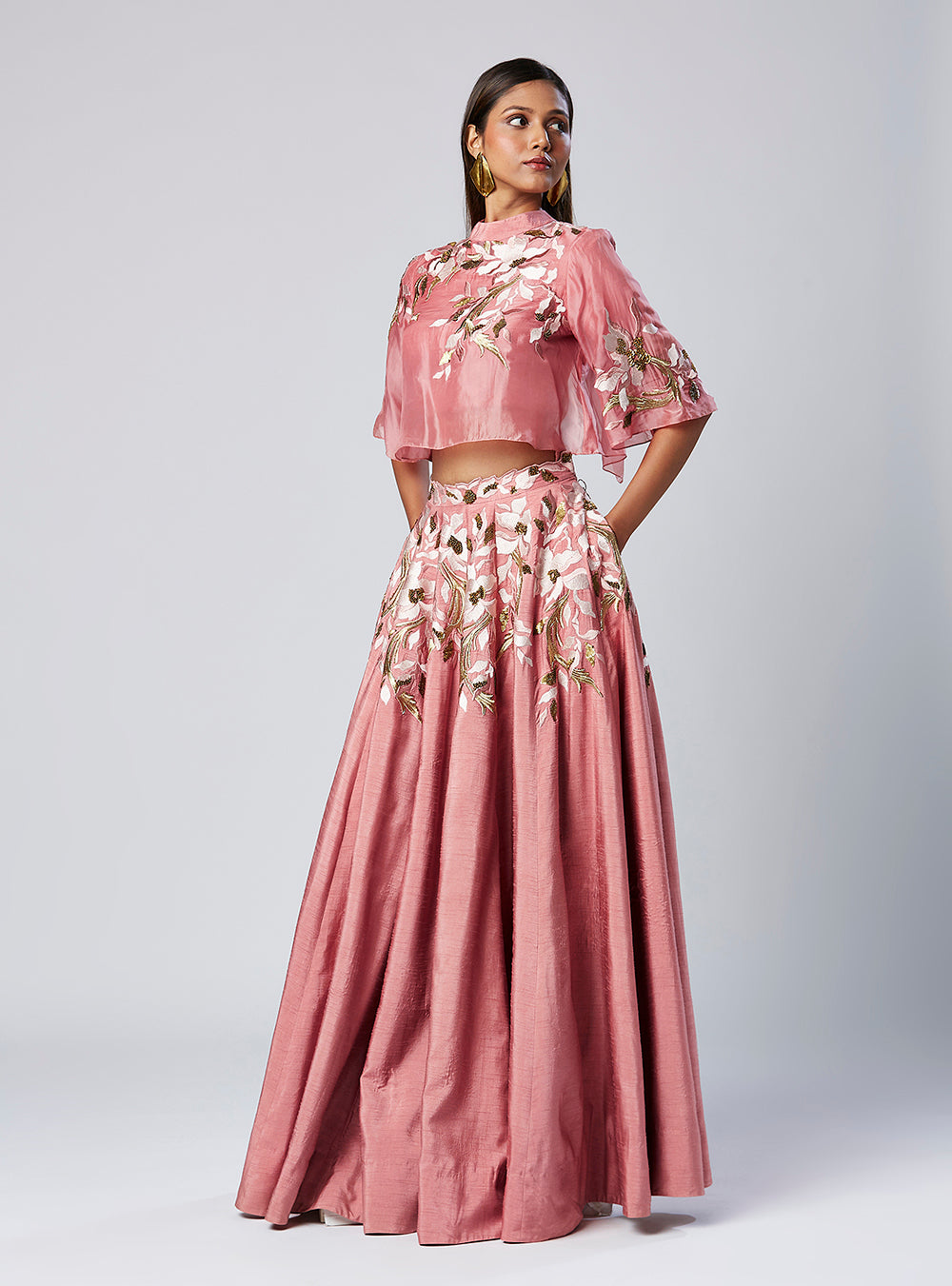 Embroidered Crop Top And Solid Panelled Skirt Set