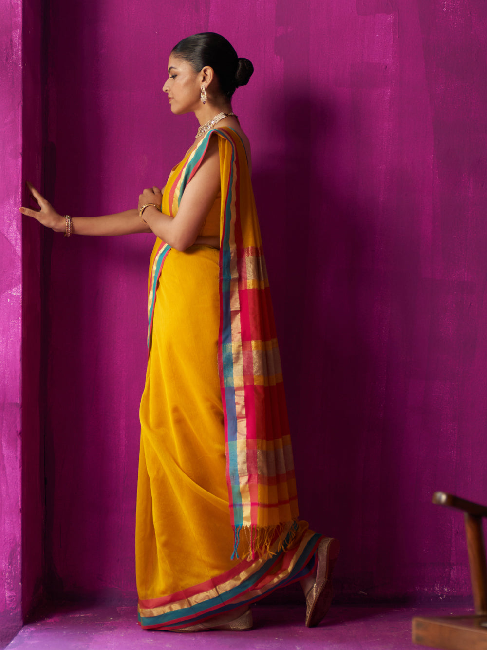 Yellow Contrast Colour Blocking Saree