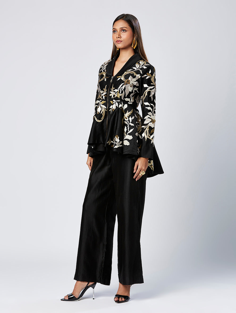 Embroidered Peplum Top And Pant Set