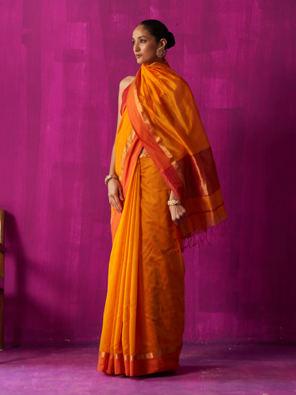 Orange Colour Block Pallu Saree