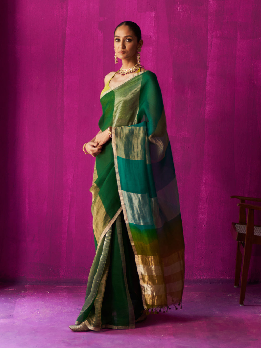 Green Gold Broad Border Silver Stripes Saree