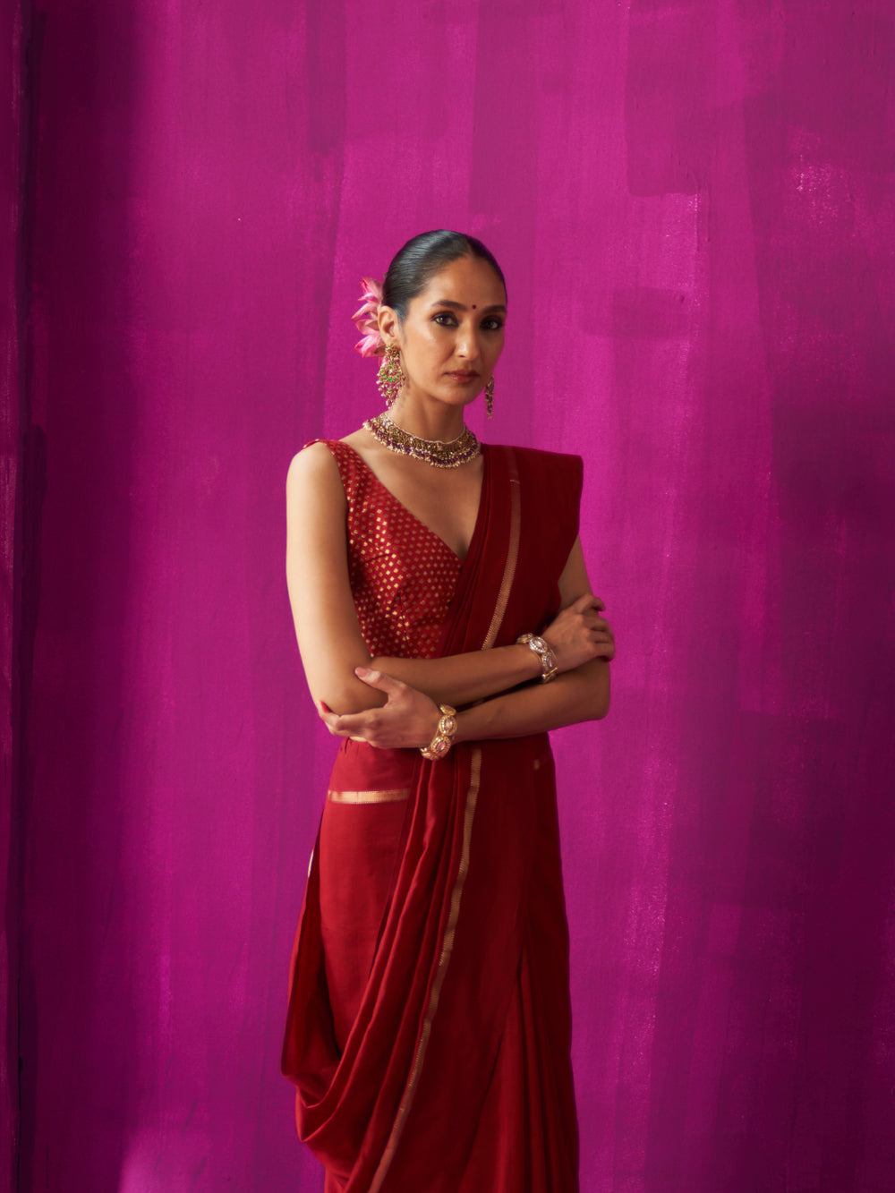 Maroon Gold Stripes On Pallu Saree