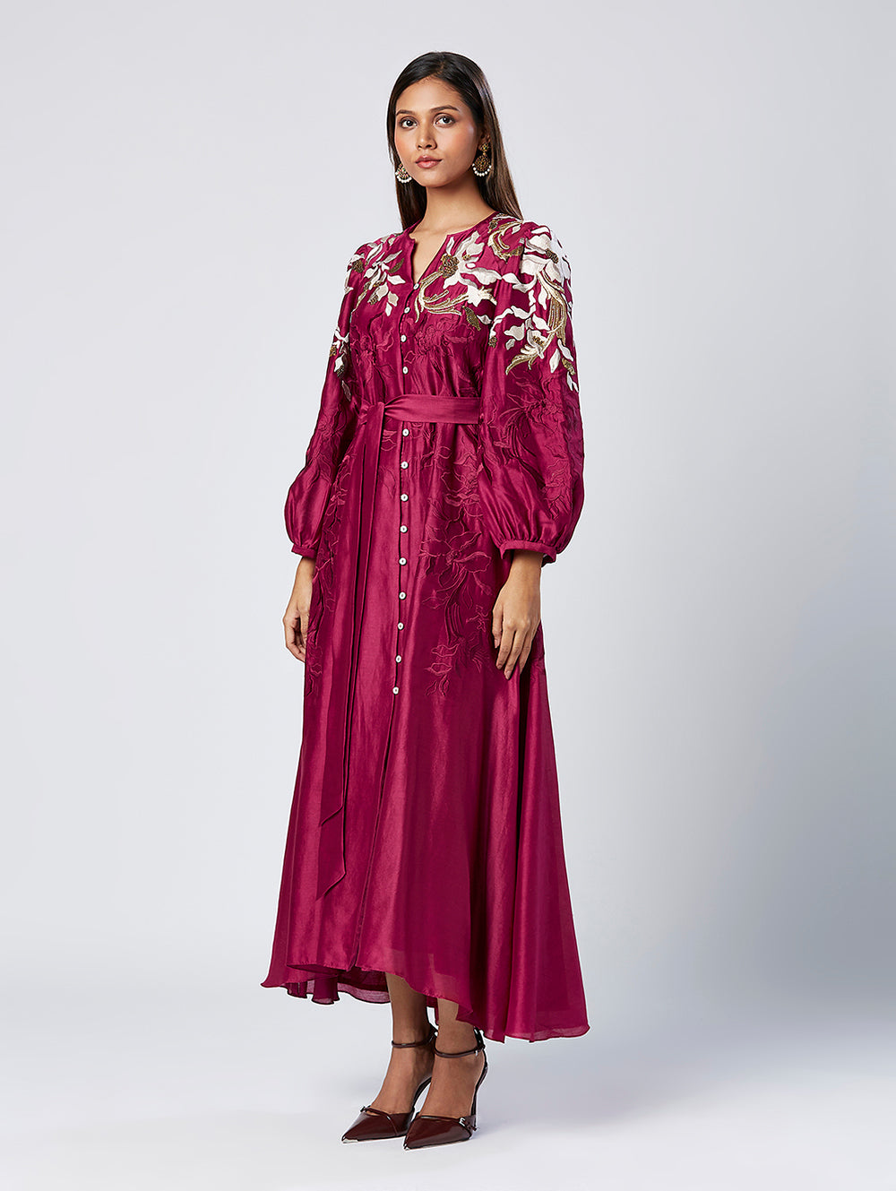 Embroidered Long Dress With Belt