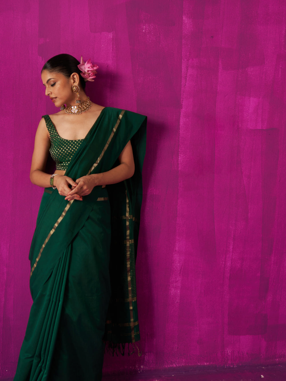 Green Gold Stripes On Pallu Saree