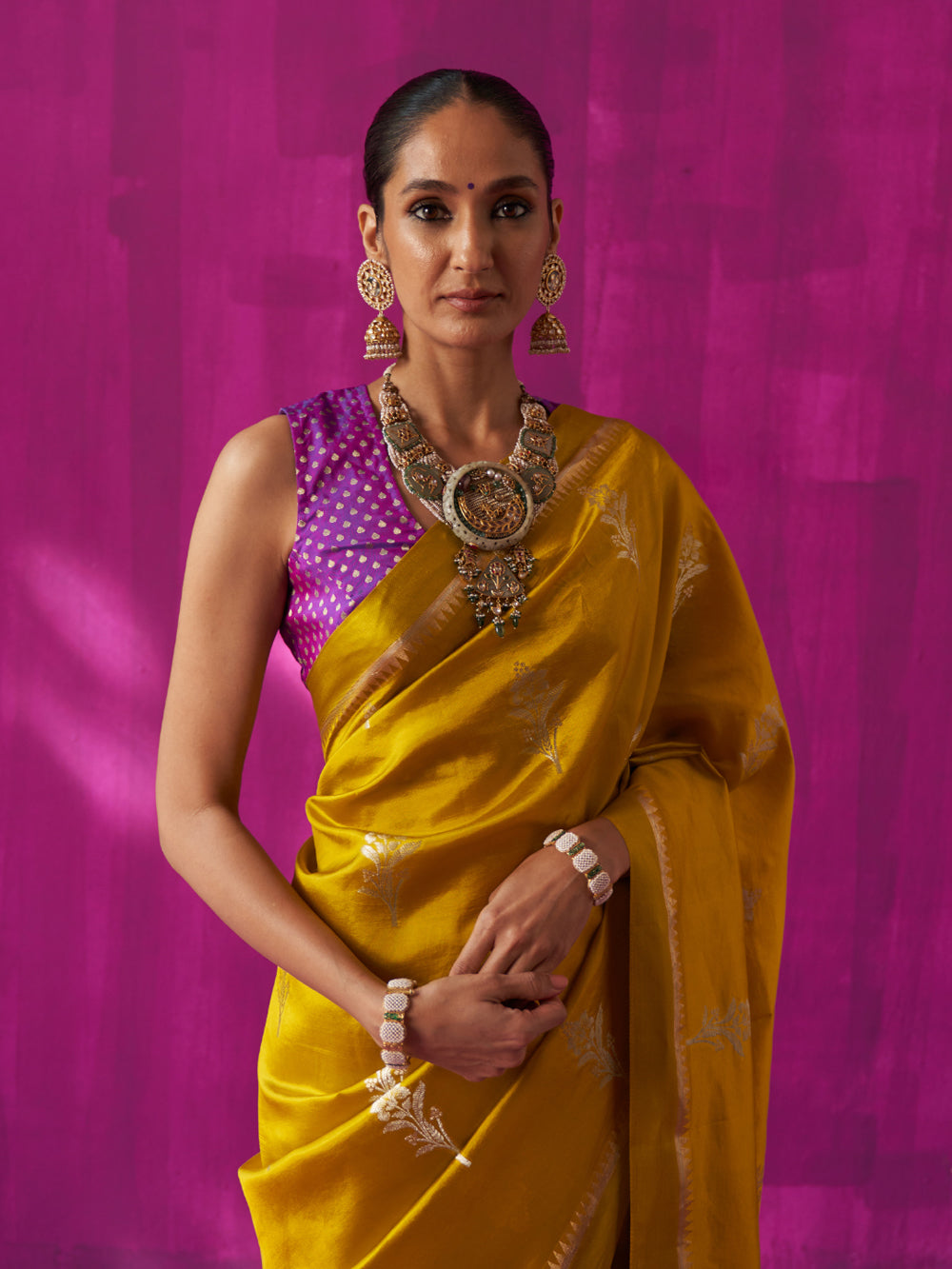 Mustard Floral Motif & Jaal Pallu Saree