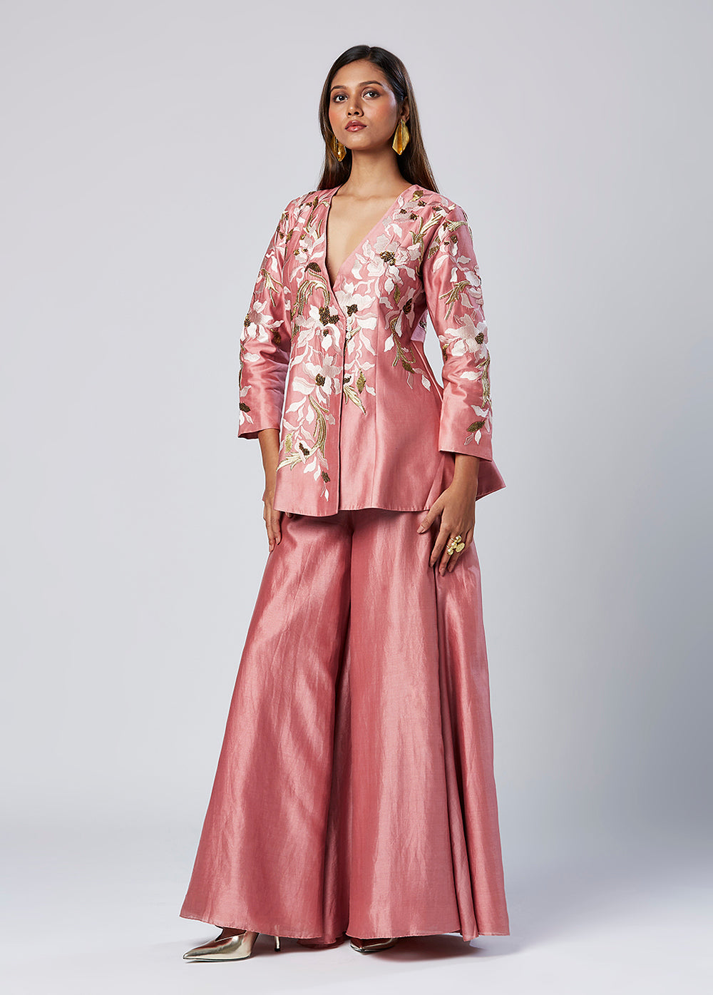 Embroidered Peplum Shirt And Flared Pant Set