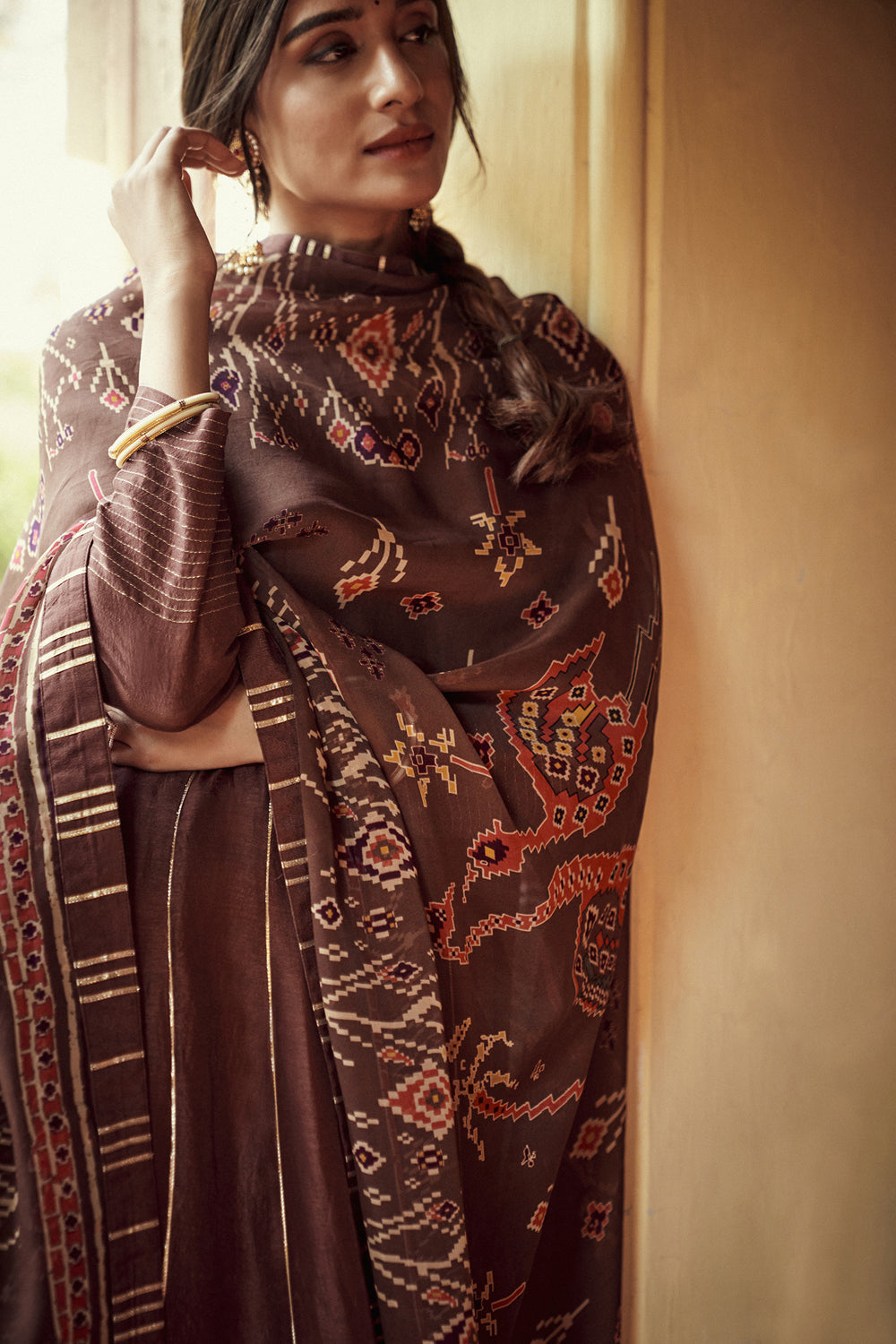 Brown Kali Anarkali & Ikat Dupatta Set