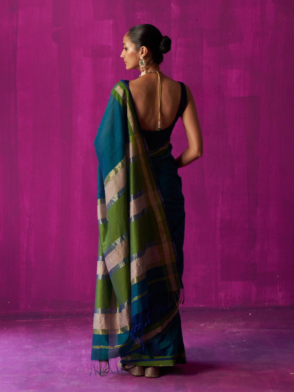 Teal Contrast Colour Blocking Saree