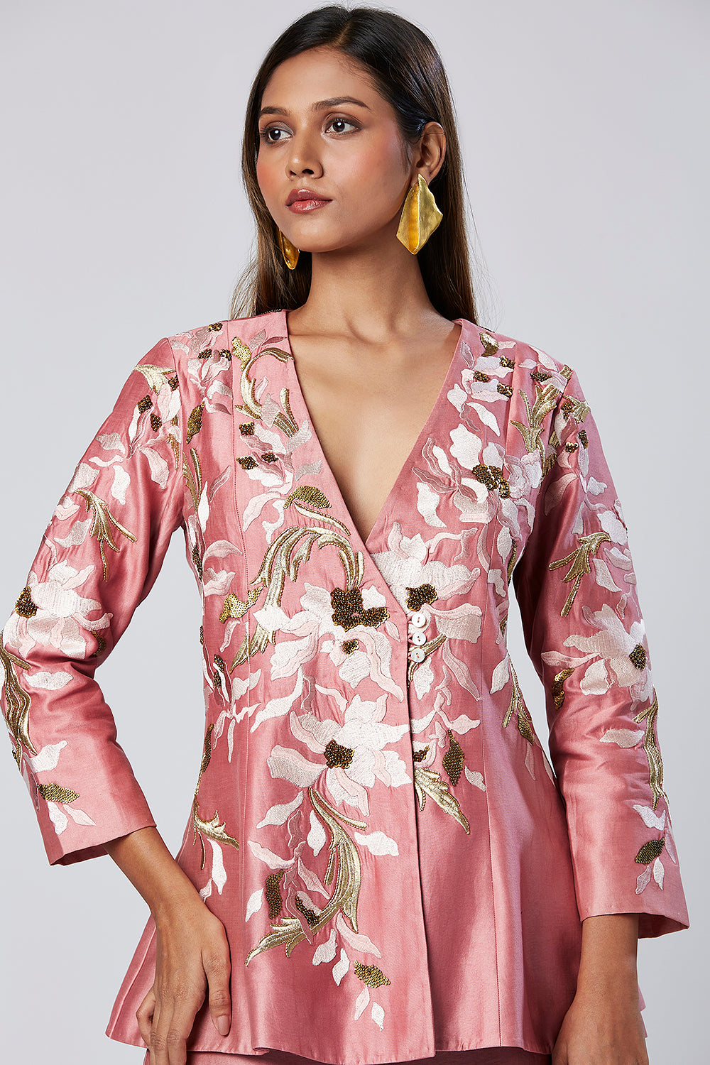 Embroidered Peplum Shirt And Flared Pant Set