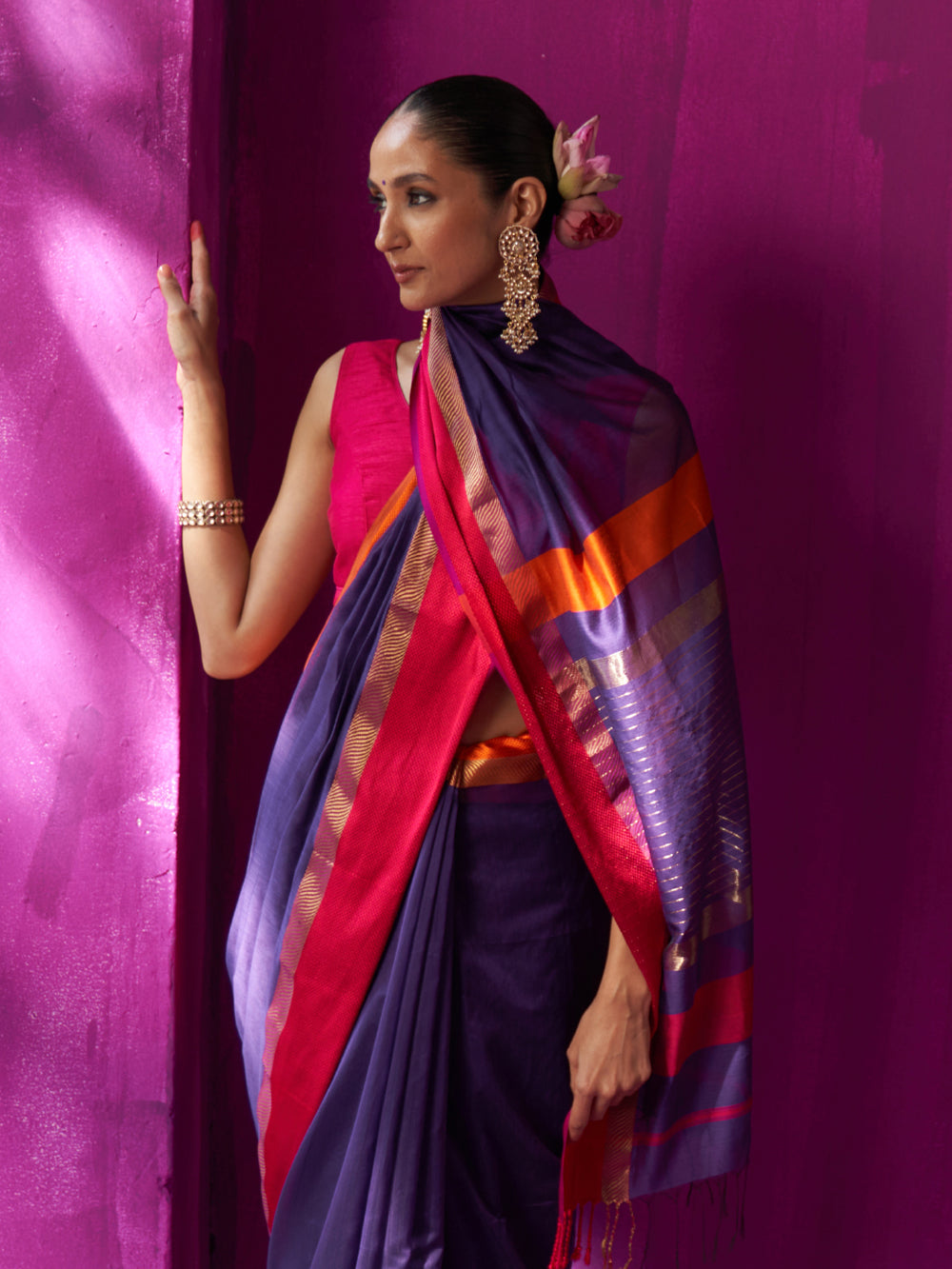 Purple Orange Resham Border Gold Stripes On Pallu Saree