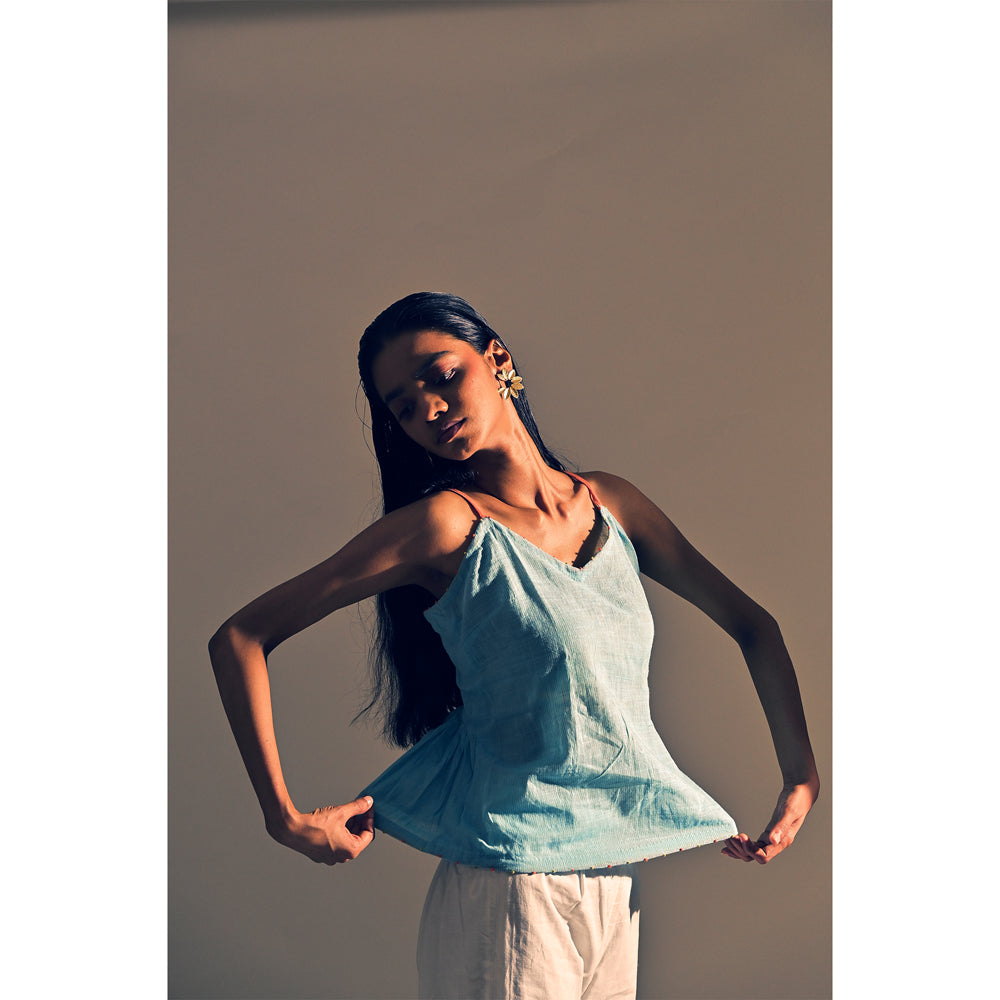 Sky Blue Cotton Gathered Strappy Top