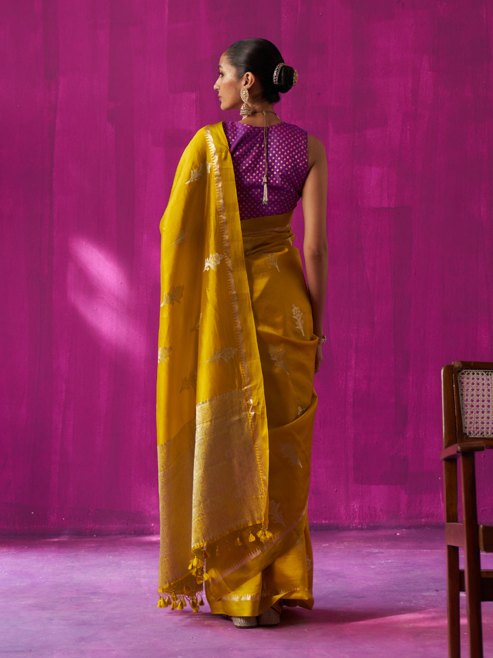 Mustard Floral Motif & Jaal Pallu Saree