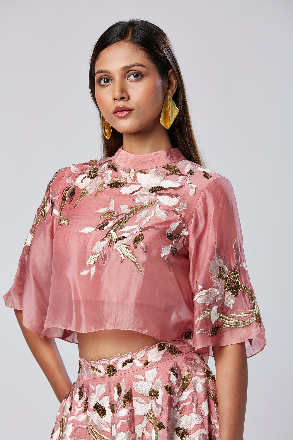 Embroidered Crop Top And Solid Panelled Skirt Set