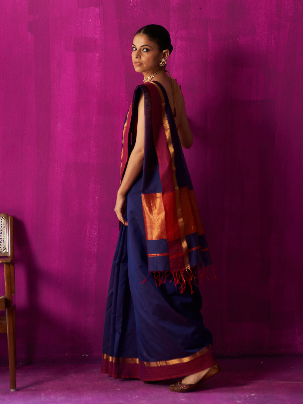 Blue Colour Block Pallu Saree