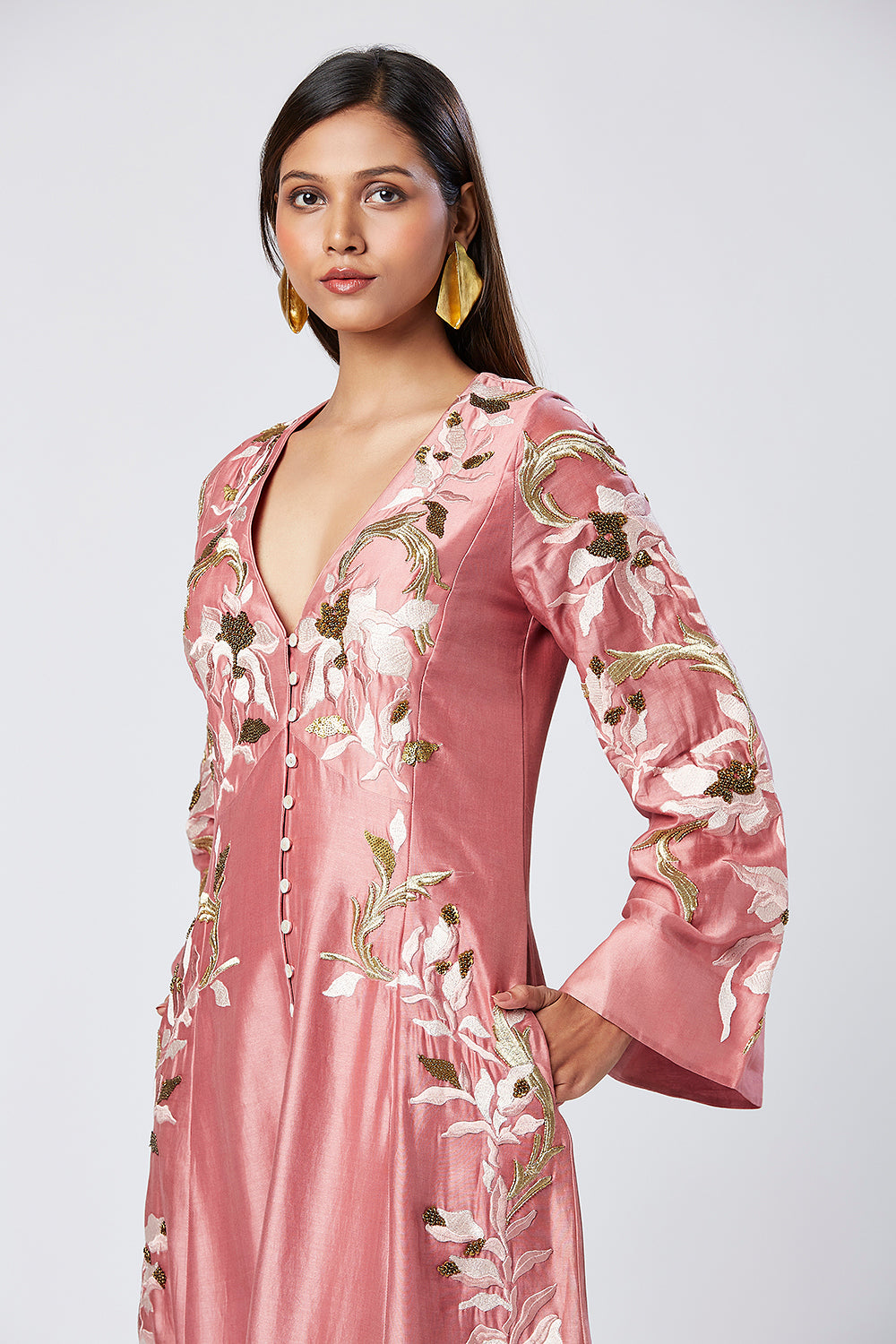 Embroidered Bell Sleeves Midi Dress