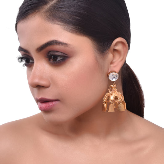 Gold Plated Kundan Work Carved Jhumka Earrings