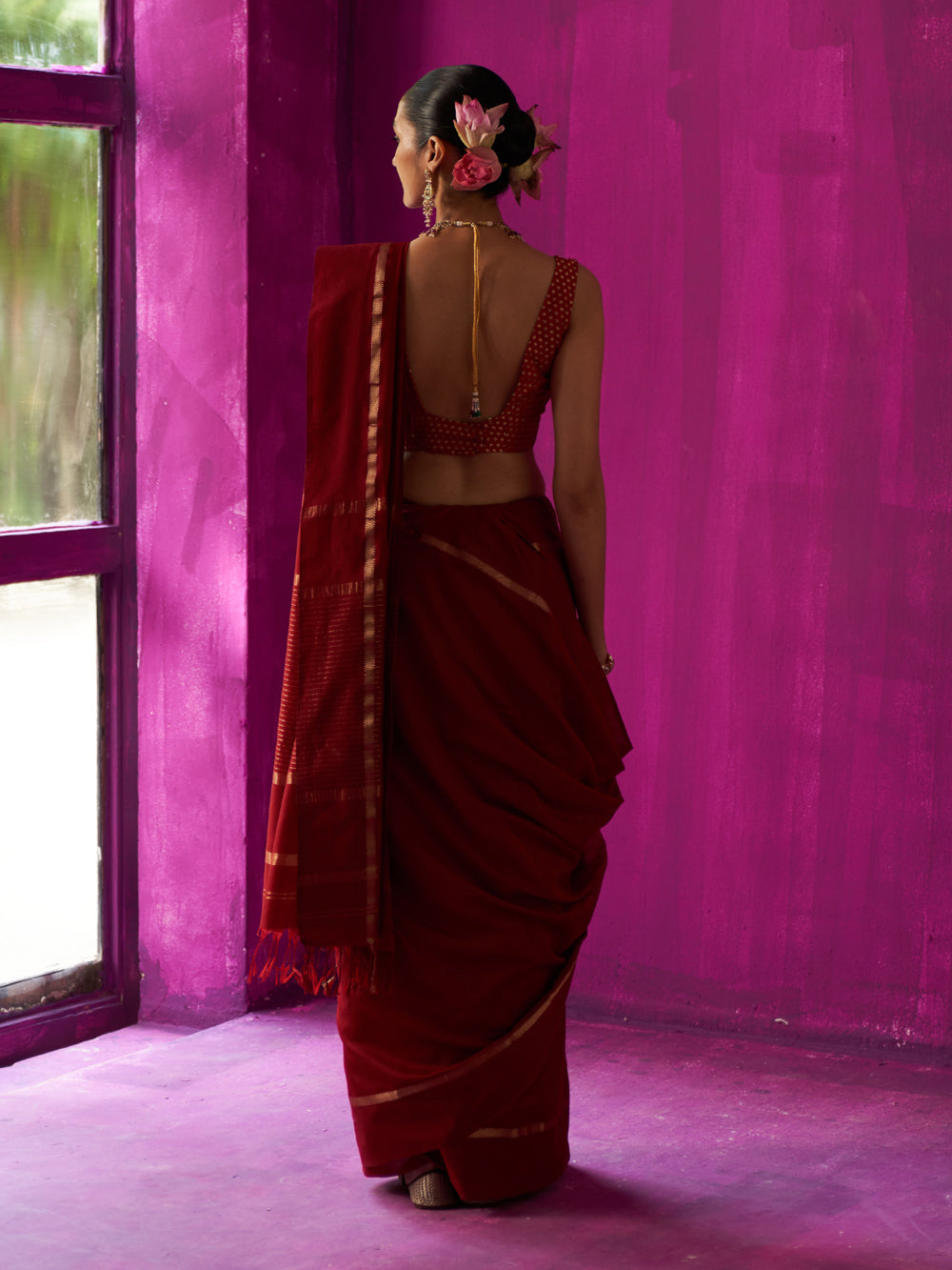 Maroon Gold Stripes On Pallu Saree