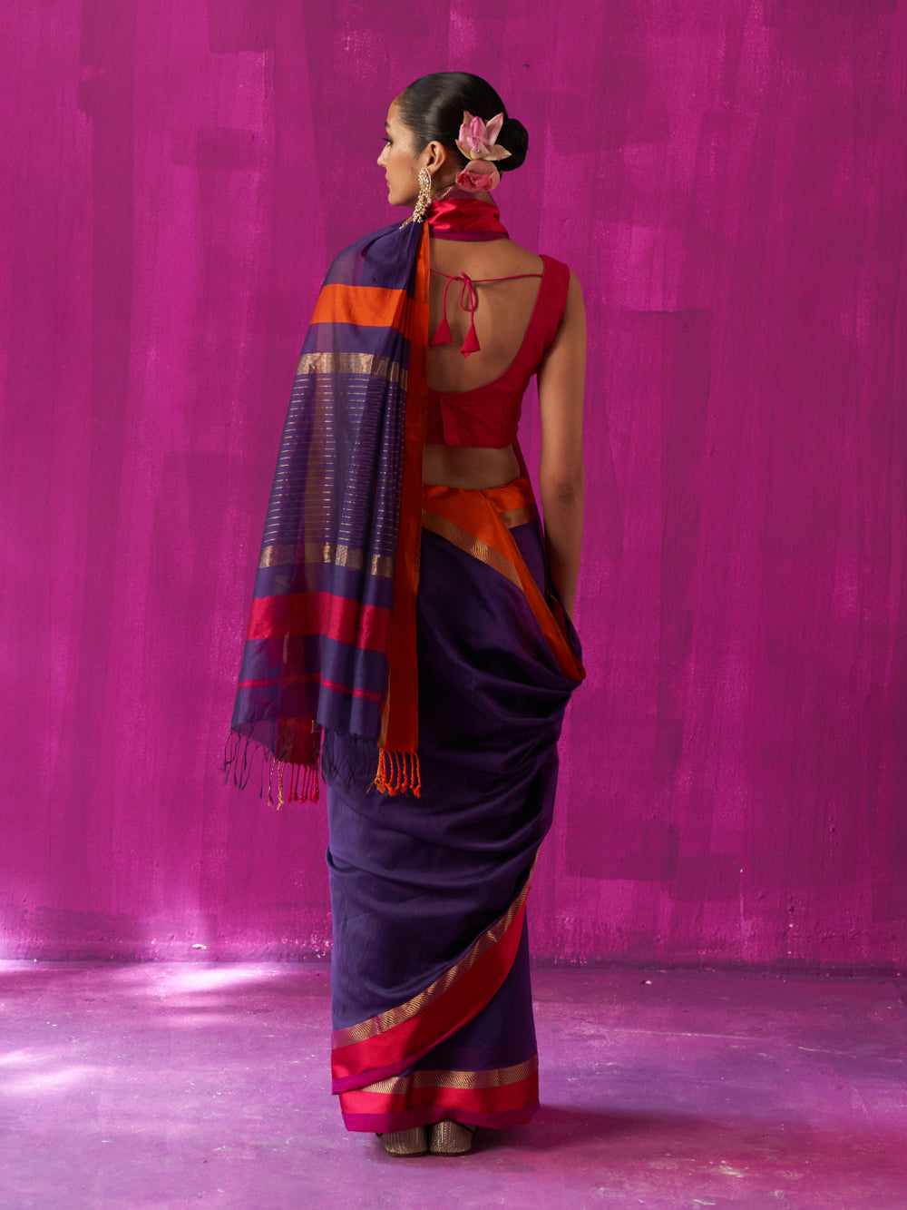 Purple Orange Resham Border Gold Stripes On Pallu Saree