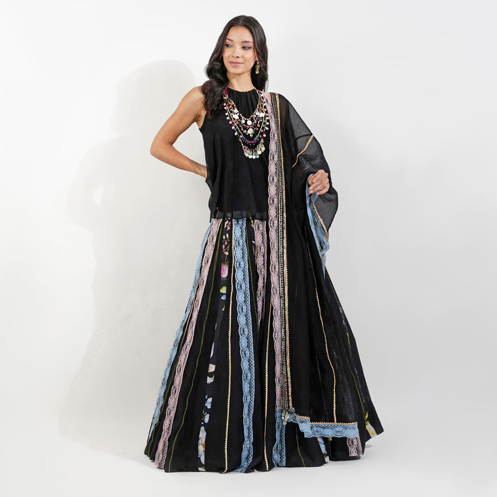 Summer Floral Lehenga Set-Black