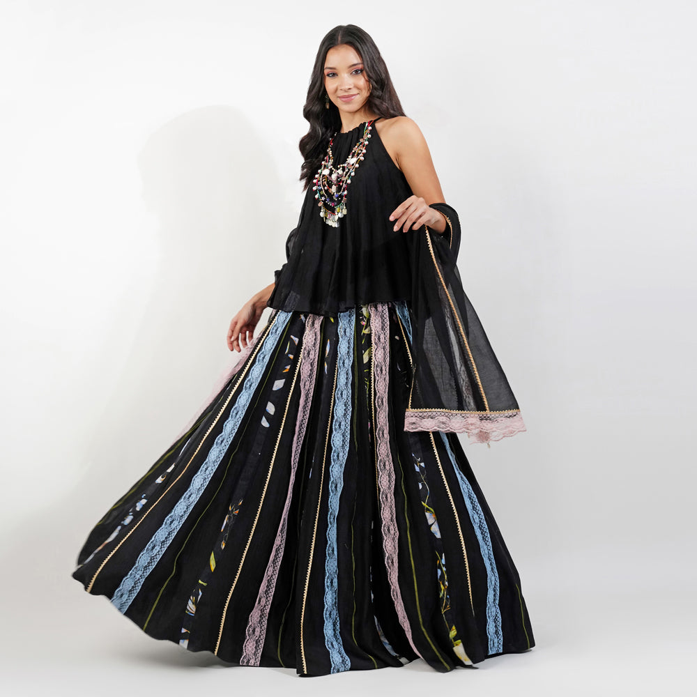 Summer Floral Lehenga Set-Black