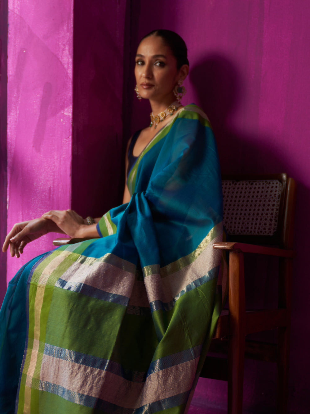 Teal Contrast Colour Blocking Saree