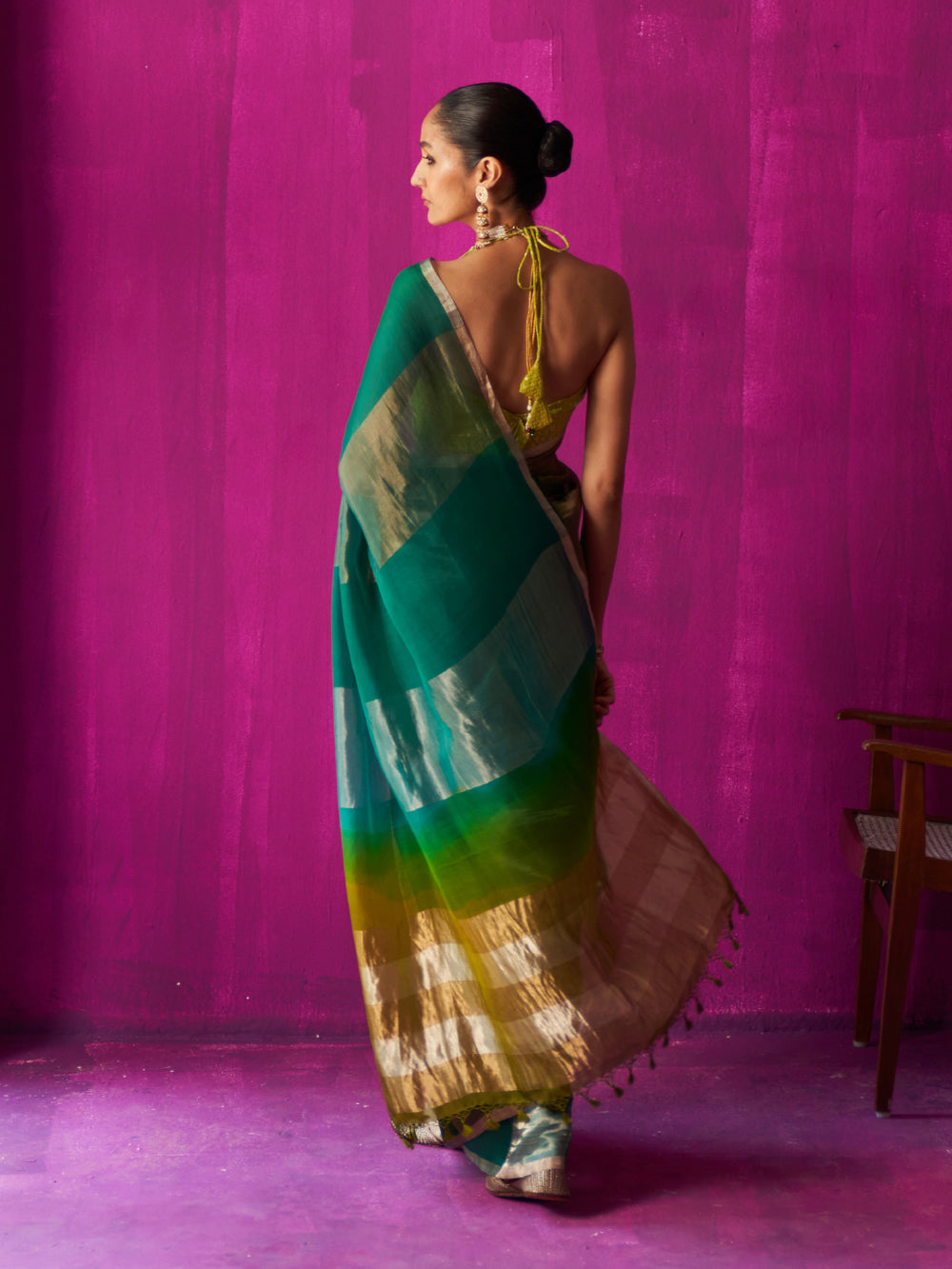 Green Gold Broad Border Silver Stripes Saree