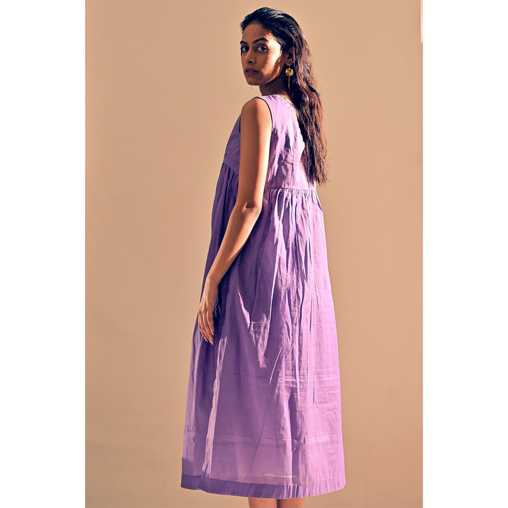 Lavender Cotton Placed Embroidered Neck Dress