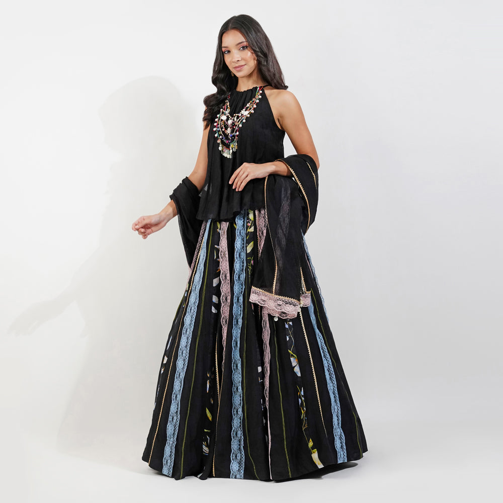 Summer Floral Lehenga Set-Black