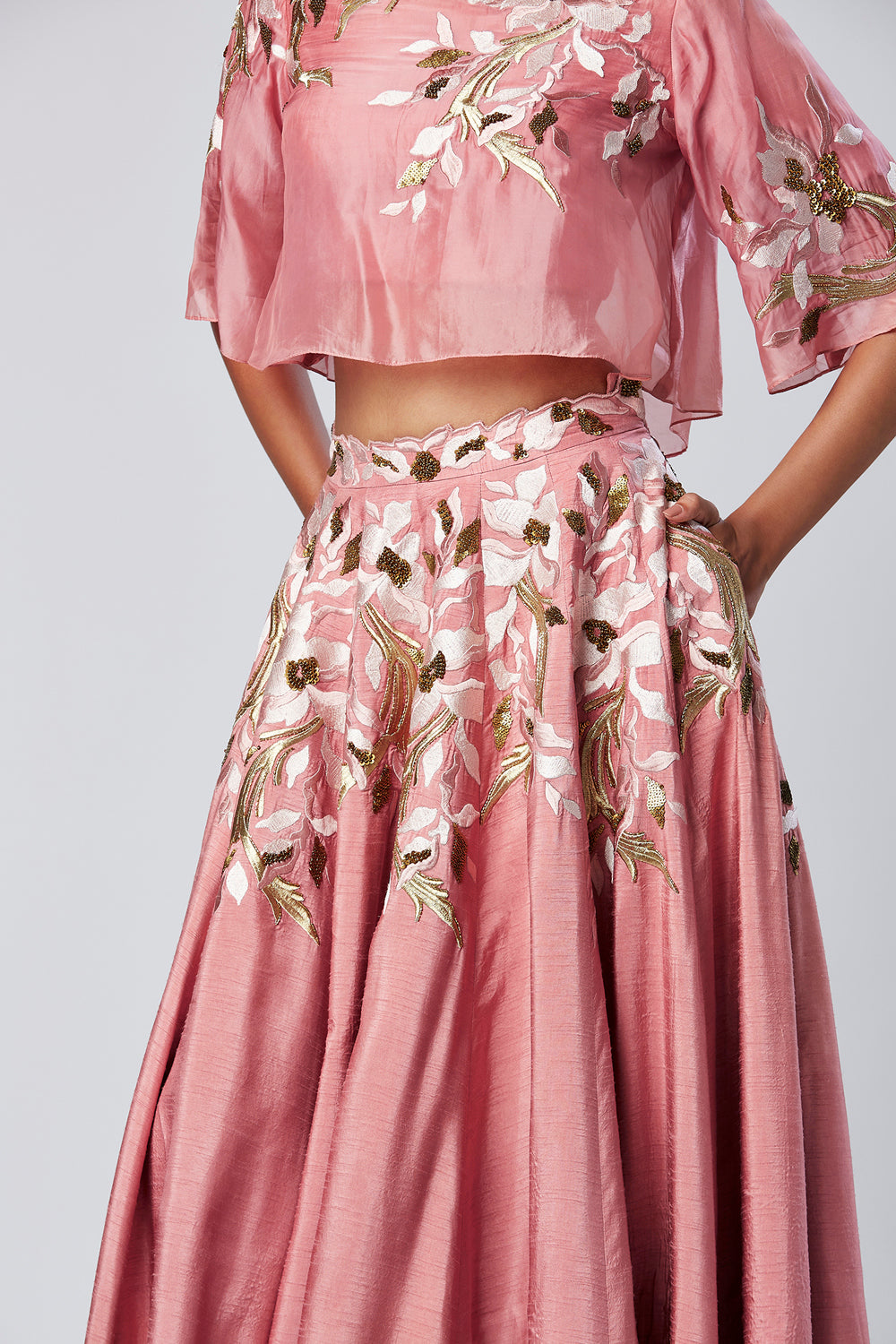 Embroidered Crop Top And Solid Panelled Skirt Set