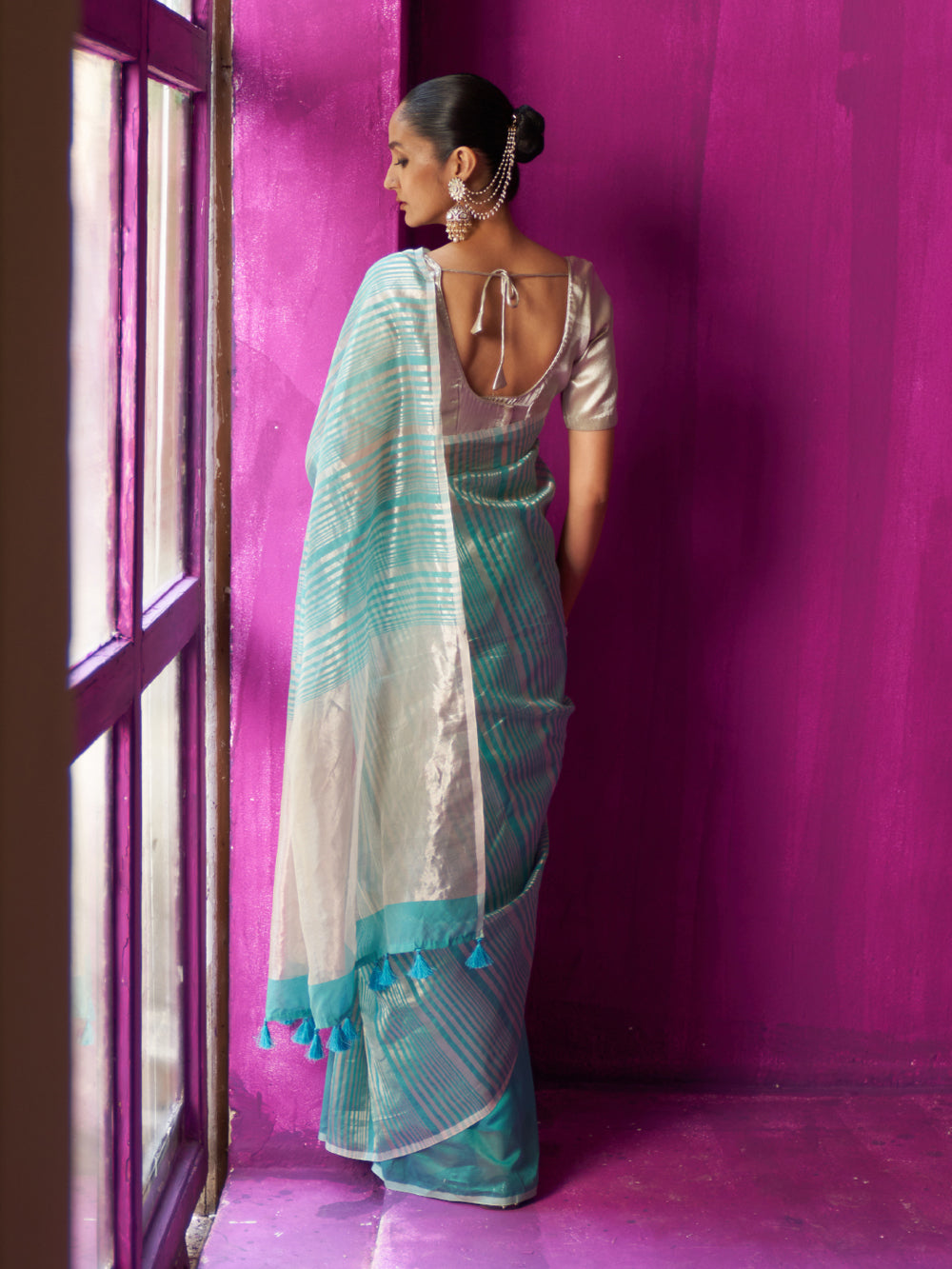 Turquoise Asymetric Silver Zari Stripe Saree