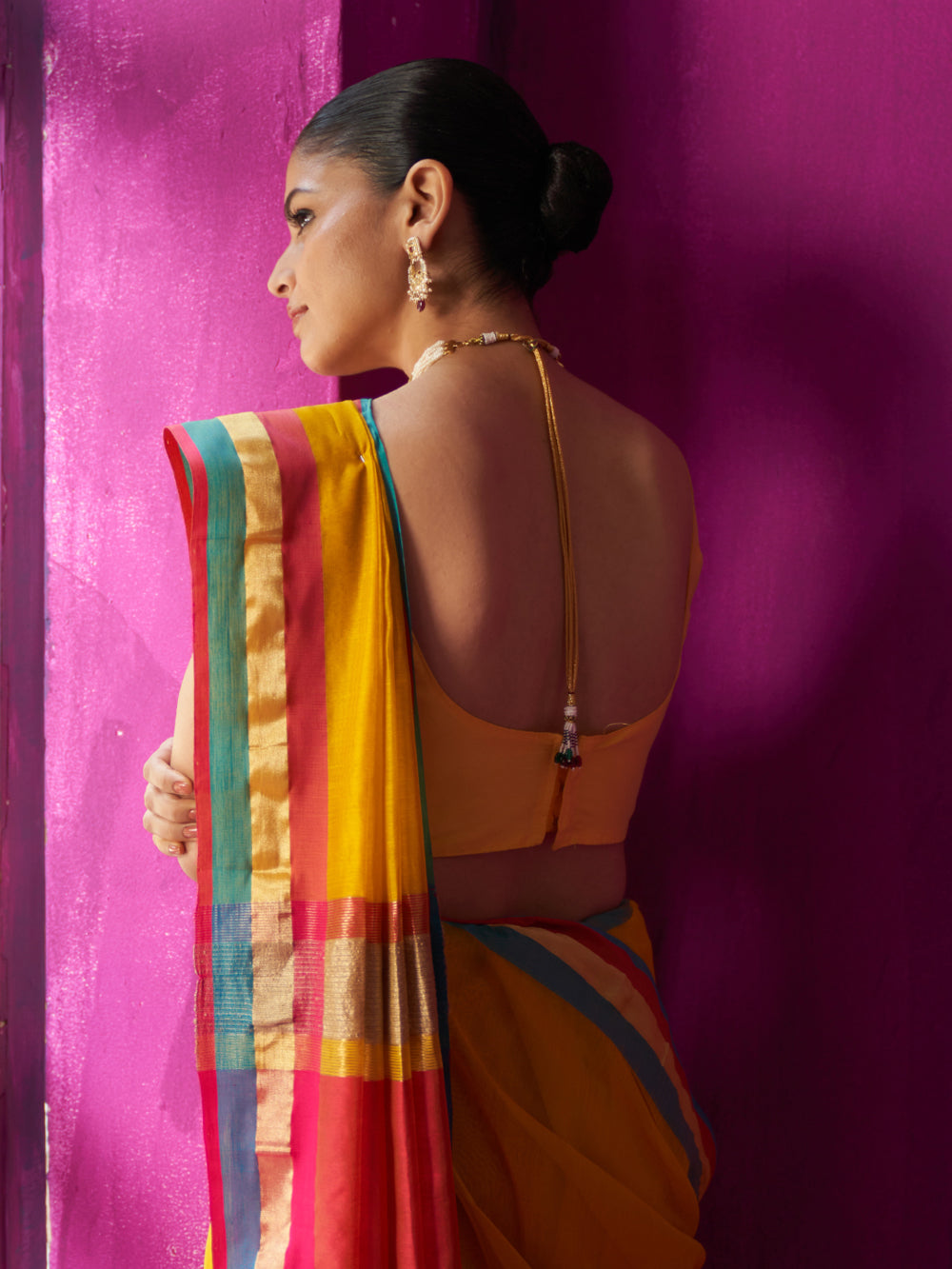 Yellow Contrast Colour Blocking Saree