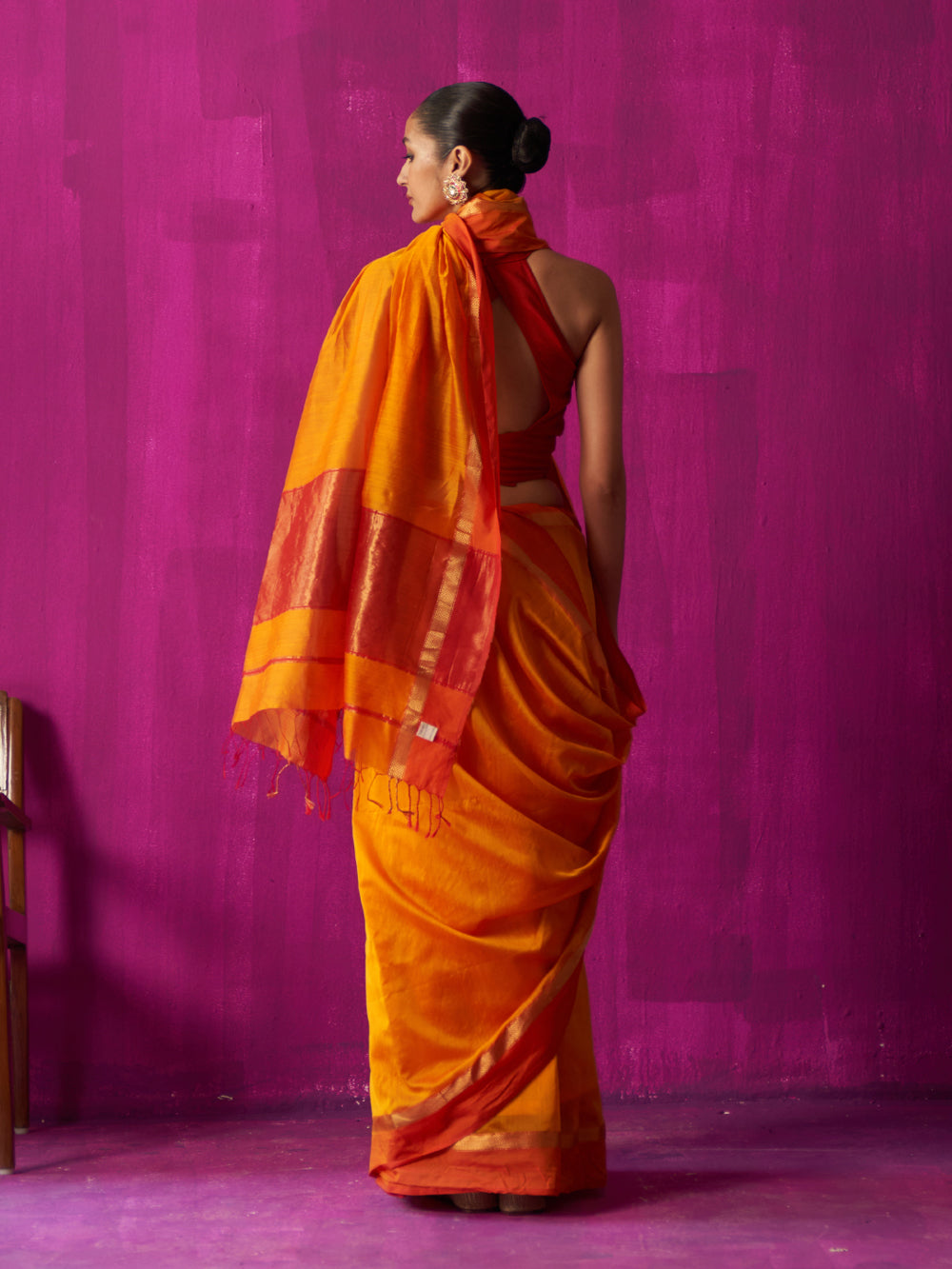 Orange Colour Block Pallu Saree