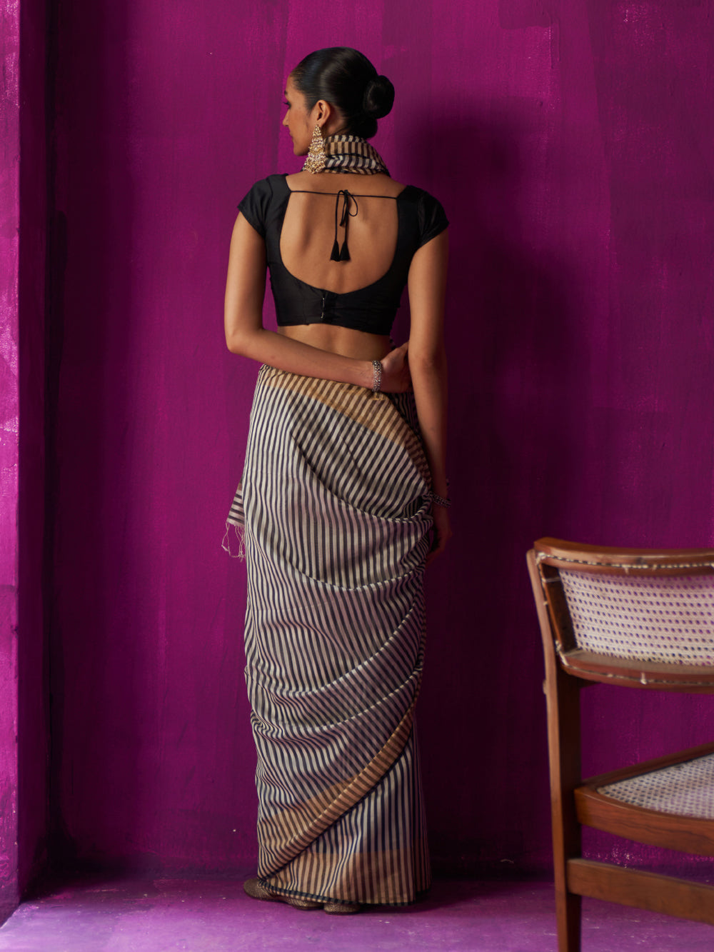 Black & White Stripes Overall With Gold Pallu Saree