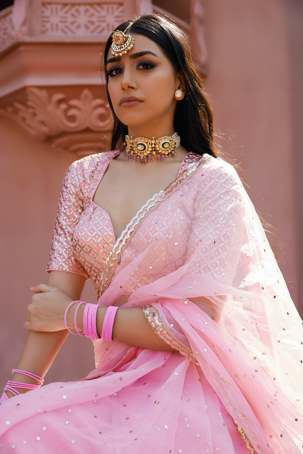 Light Pink Organza Badla Saree & Blouse