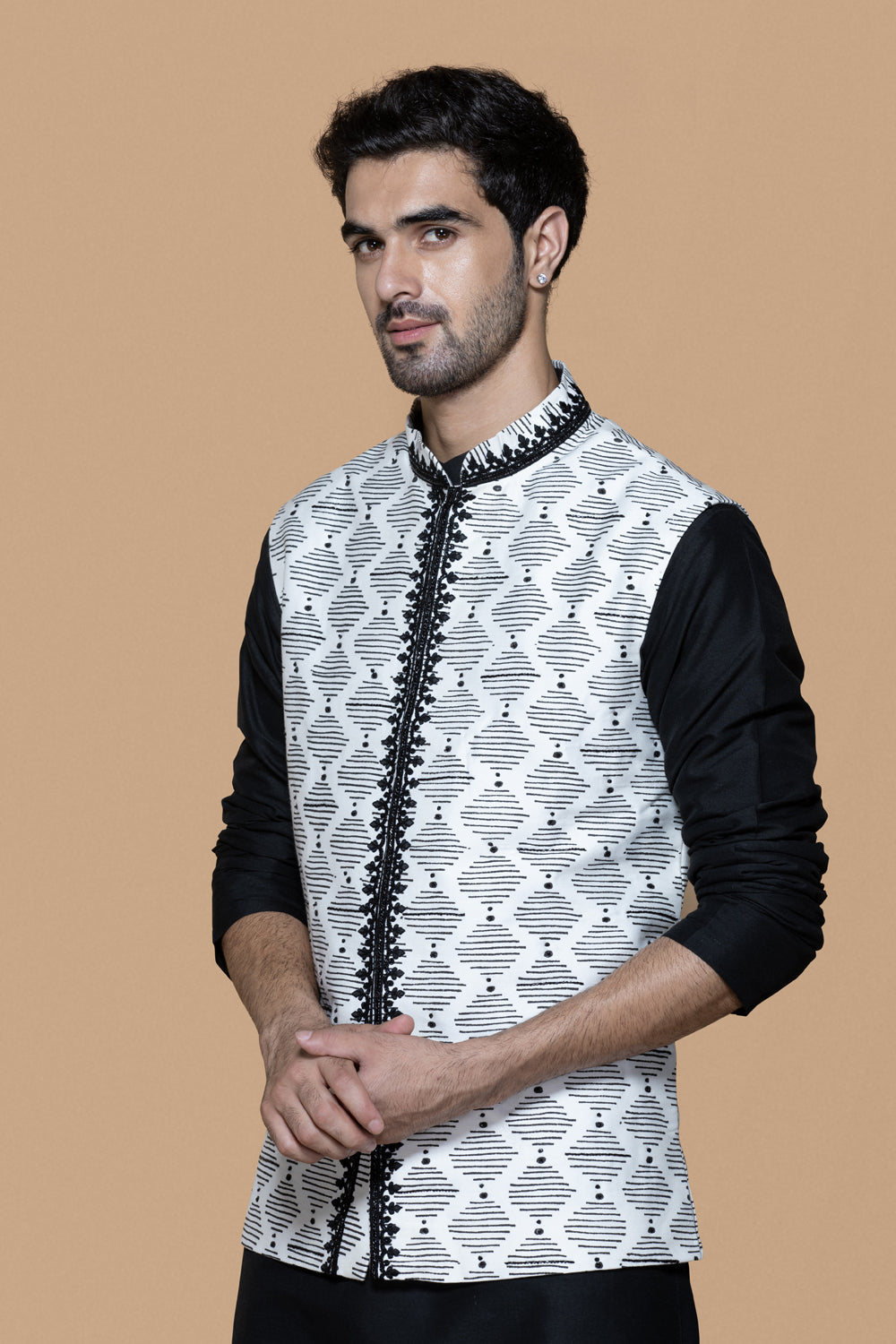 Ivory And Black Hand Block Printed Bundi Kurta Set