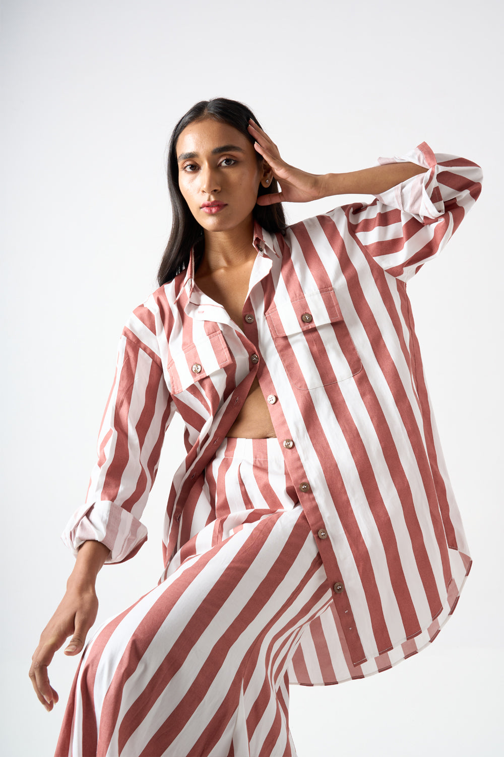 Stripped Collared  Oversized Shirt