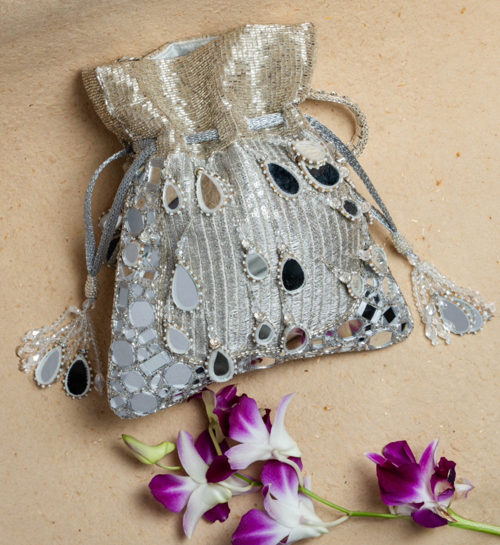 Silver Silk Mirror Embroidered Potli Bag