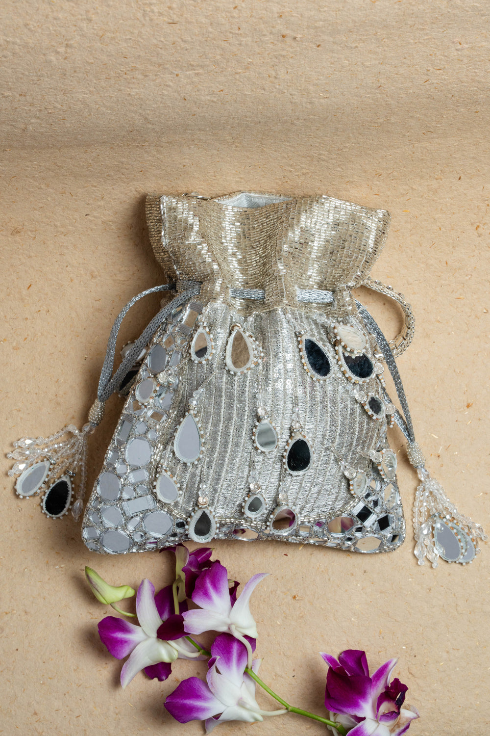 Silver Silk Mirror Embroidered Potli Bag