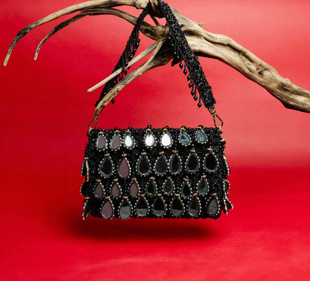 Black Suede Mirror & Bead Work Box-Shaped Potli Bag